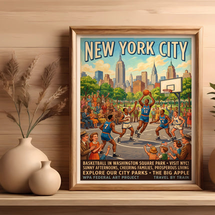 New York City poster of basketball in Washington Square Park, WPA Federal Art Project.