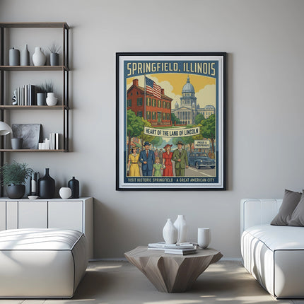 Springfield, Illinois poster with landmark buildings and vintage figures.