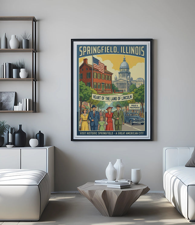 Springfield, Illinois poster with landmark buildings and vintage figures.