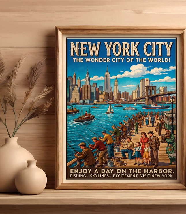 New York City retro travel poster featuring a harbor scene with people fishing.