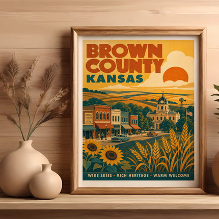 Brown County Kansas travel poster with vintage illustration, sunflowers, and farm scene.