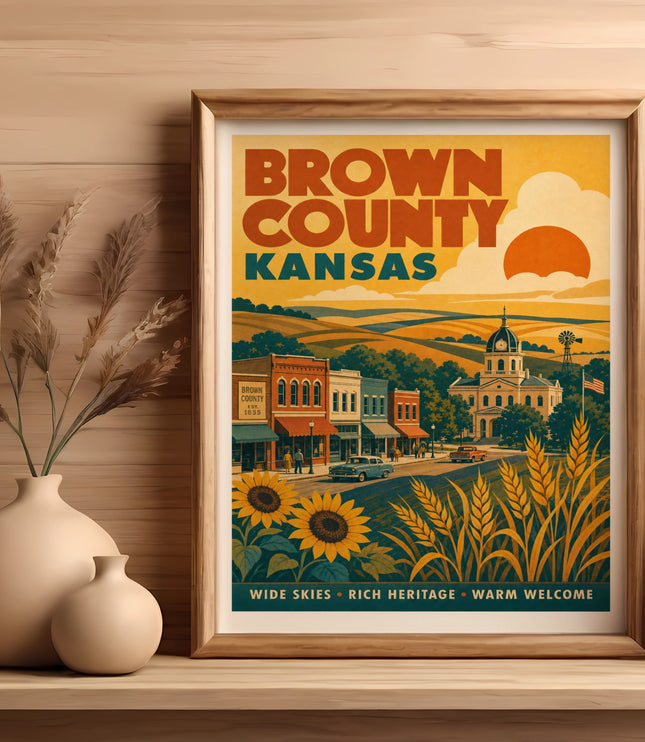 Brown County Kansas travel poster with vintage illustration, sunflowers, and farm scene.