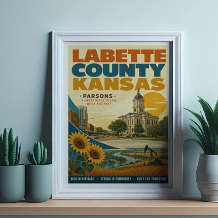 Labette County Kansas poster featuring Parsons, sunflowers, and county buildings.