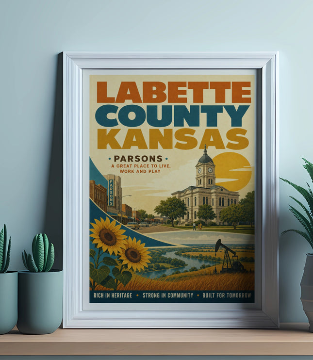 Labette County Kansas poster featuring Parsons, sunflowers, and county buildings.