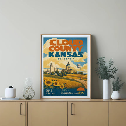 Cloud County Kansas poster with sunflower field and Concordia text.