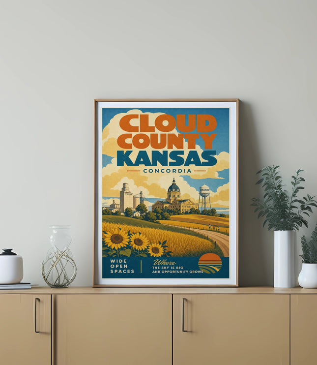 Cloud County Kansas poster with sunflower field and Concordia text.