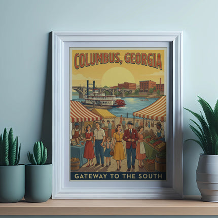 Columbus, Georgia gateway to the South poster with paddlewheel boat and market scene.