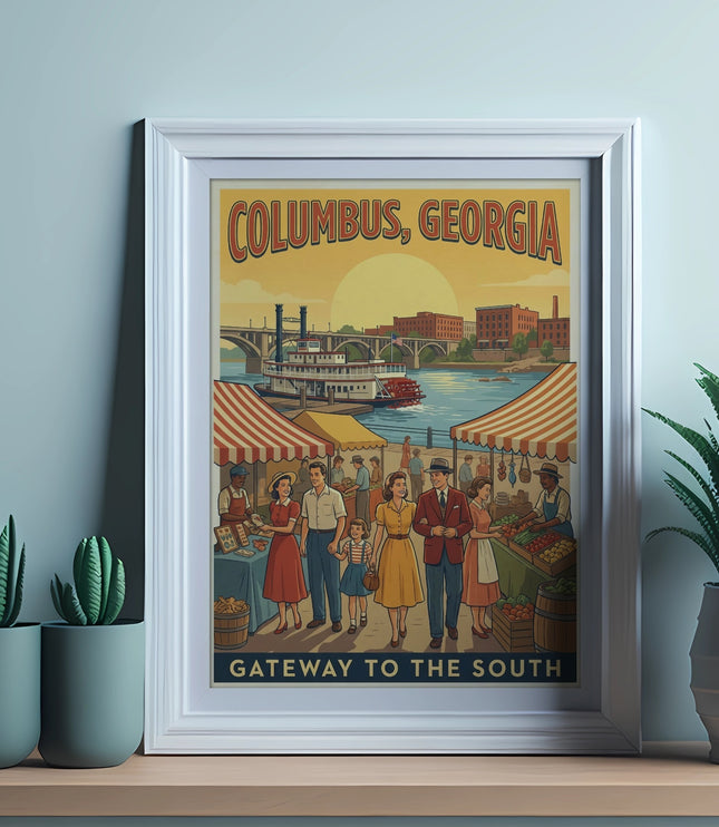 Columbus, Georgia gateway to the South poster with paddlewheel boat and market scene.