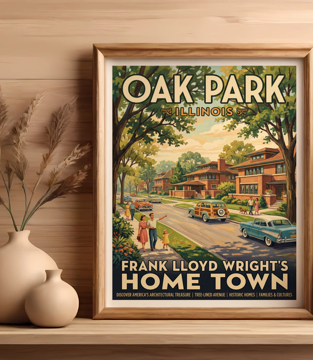 Oak Park Illinois poster, Frank Lloyd Wright's Home Town, architectural treasures, and historic homes.