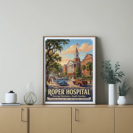 Roper Hospital poster with vintage cars and buildings in Charleston, South Carolina.