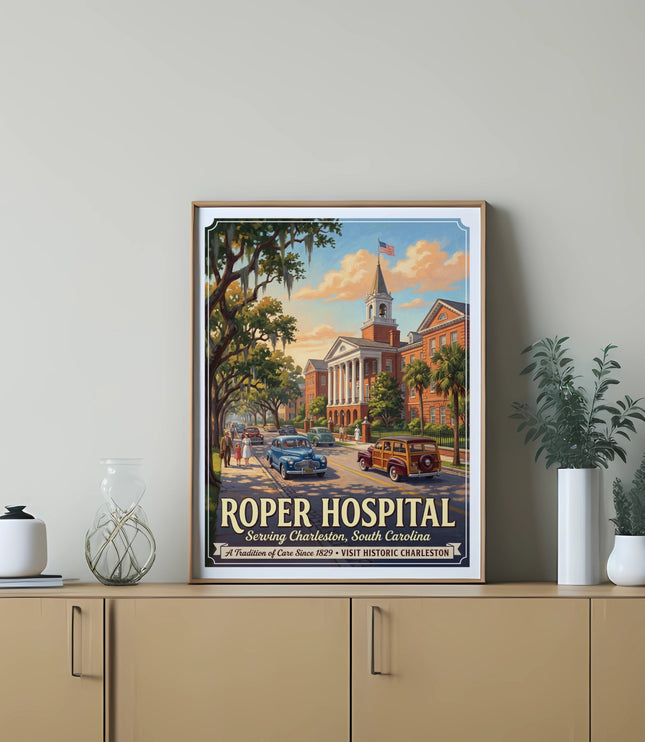 Roper Hospital poster with vintage cars and buildings in Charleston, South Carolina.