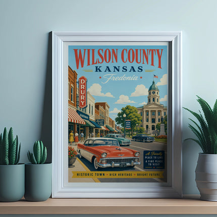 Vintage poster of Fredonia, Kansas, with classic car and historic buildings.