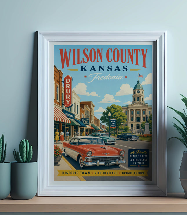 Vintage poster of Fredonia, Kansas, with classic car and historic buildings.