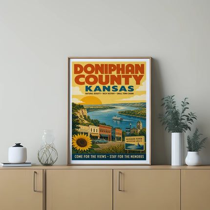 Doniphan County Kansas poster with river scene and text.