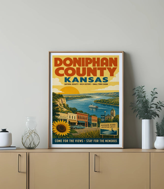 Doniphan County Kansas poster with river scene and text.