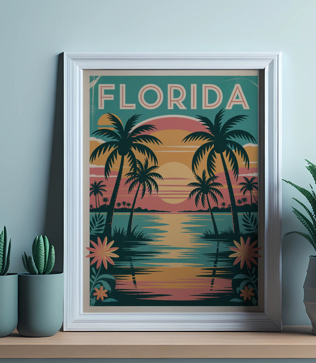 Framed art print with the word "Florida" over a retro-style palm tree sunset scene.