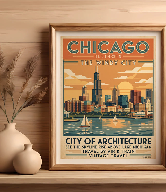 Chicago Illinois The Windy City vintage travel poster with skyline and sailboats.