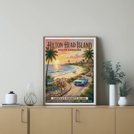 Hilton Head Island, South Carolina poster with beach, bikes, classic car, and lighthouse.