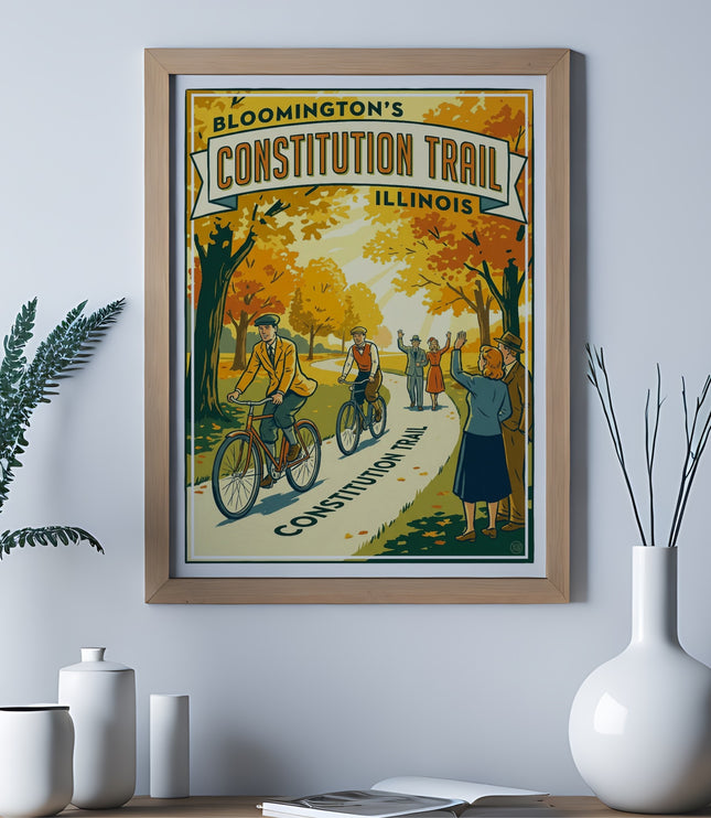 Bloomington's Constitution Trail Illinois poster with people cycling and walking.
