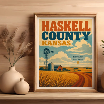 Haskell County Kansas vintage travel poster with windmill, farm, and fields.