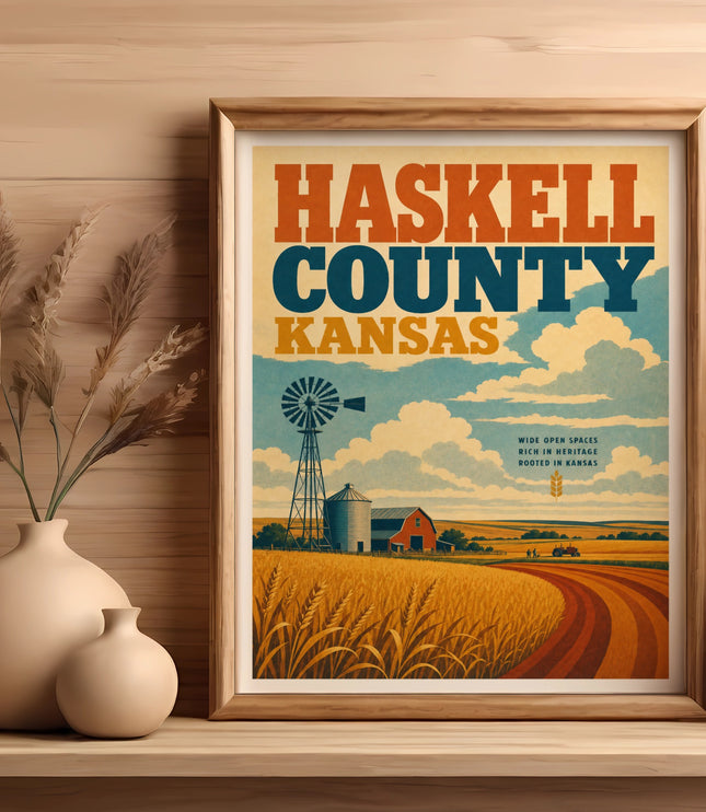 Haskell County Kansas vintage travel poster with windmill, farm, and fields.
