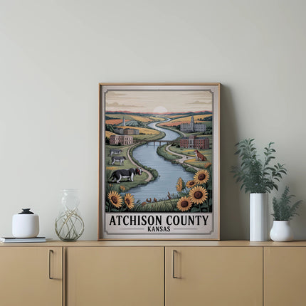 Atchison County Kansas illustration with river, sunflowers, and buildings.