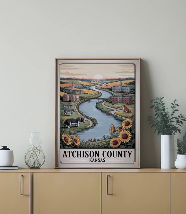 Atchison County Kansas illustration with river, sunflowers, and buildings.