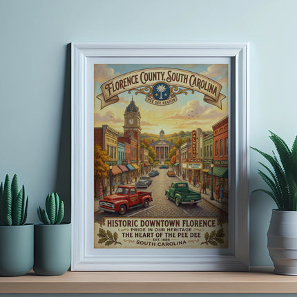 Vintage poster of Florence County, South Carolina with historic buildings and trucks.