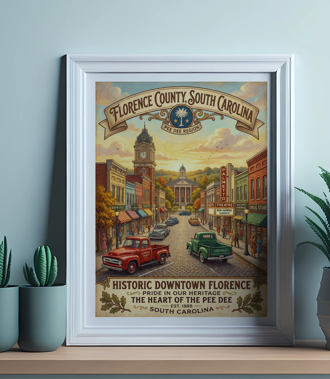 Vintage poster of Florence County, South Carolina with historic buildings and trucks.
