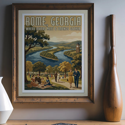 Vintage Rome, Georgia travel poster with a winding river and people picnicking.