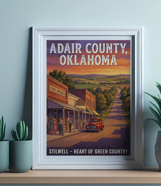 Adair County, Oklahoma vintage travel poster featuring Stilwell Mercantile and The Dixie Diner.