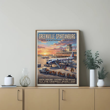 Greenville-Spartanburg International Airport vintage air travel poster with GSP.