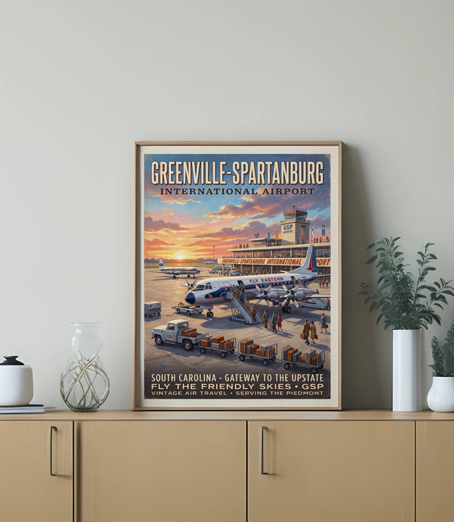 Greenville-Spartanburg International Airport vintage air travel poster with GSP.