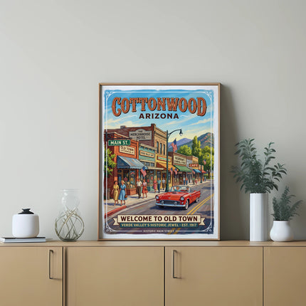Cottonwood Arizona vintage travel poster with Main Street, red convertible, and buildings.