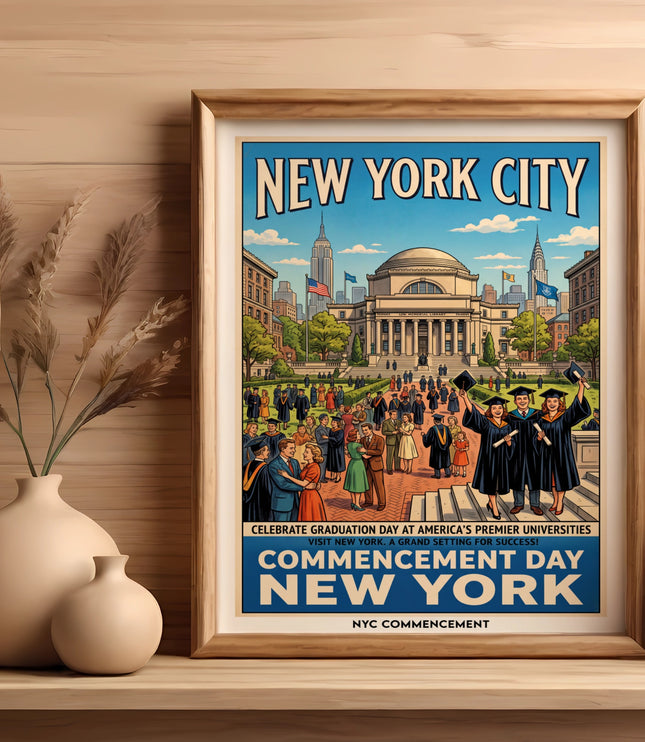 Vintage New York City graduation poster featuring cityscape and graduates.
