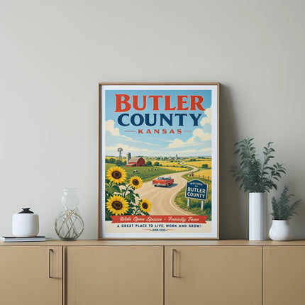 Butler County Kansas poster with sunflowers, barn, and car.