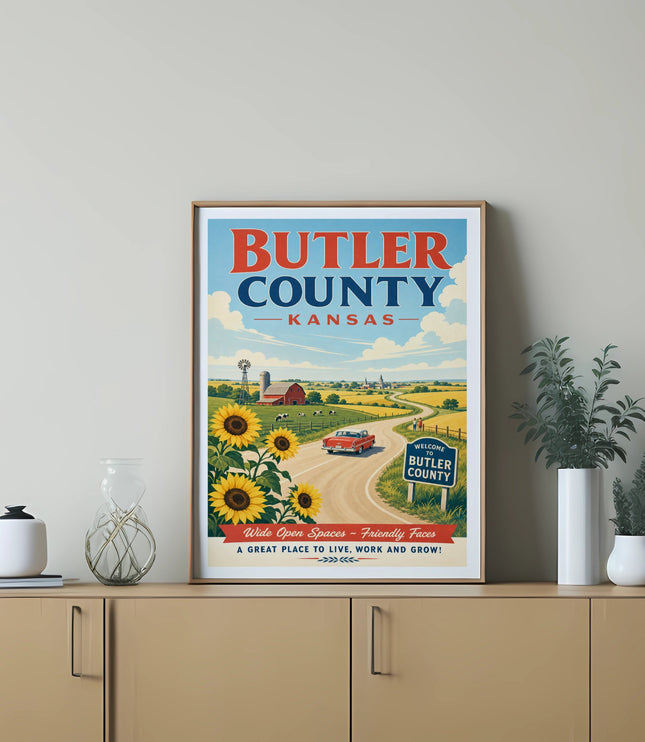 Butler County Kansas poster with sunflowers, barn, and car.