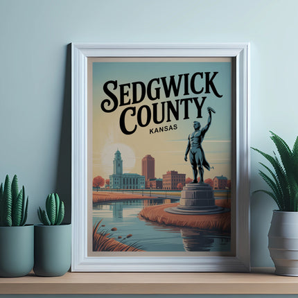Framed "Sedgwick County Kansas" poster with monument, buildings, and plants.