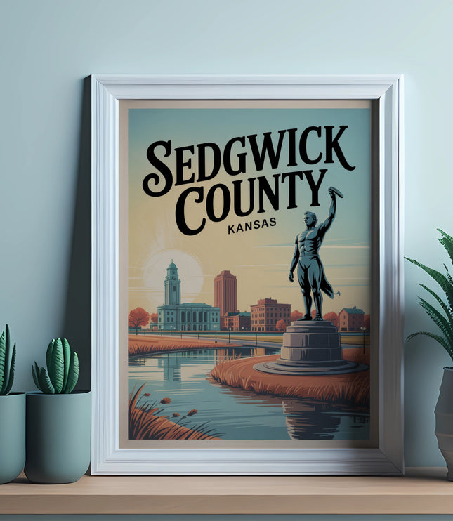Framed "Sedgwick County Kansas" poster with monument, buildings, and plants.