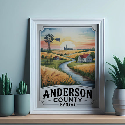 Framed illustration of Anderson County, Kansas, with windmill and farmhouse.