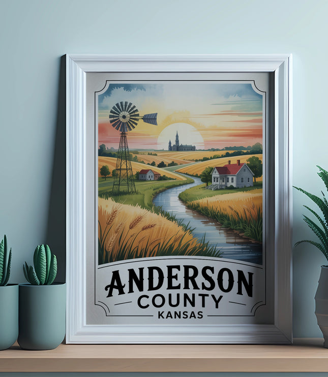 Framed illustration of Anderson County, Kansas, with windmill and farmhouse.
