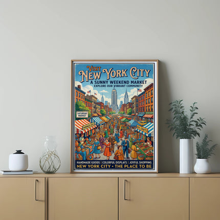 Vintage "Visit New York City" travel poster depicting a bustling market scene.