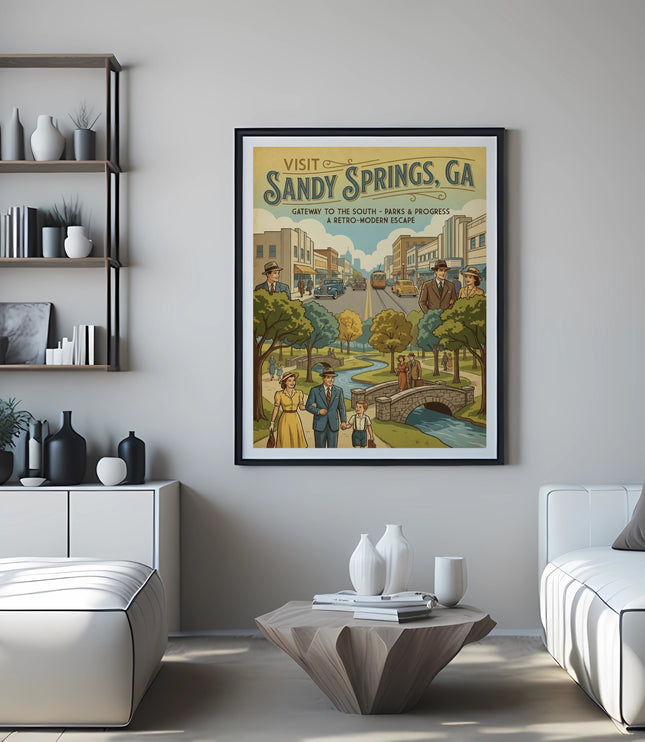 "Visit Sandy Springs, GA" poster with retro-modern scene of a town and park.