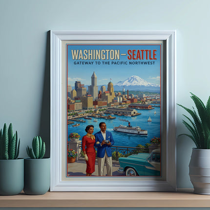 Vintage poster of Seattle, Washington, gateway to the Pacific Northwest with cityscape and Mt. Rainier.