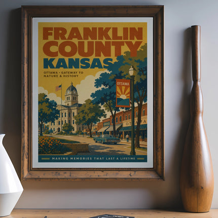 Franklin County Kansas vintage travel poster with Ottawa text.