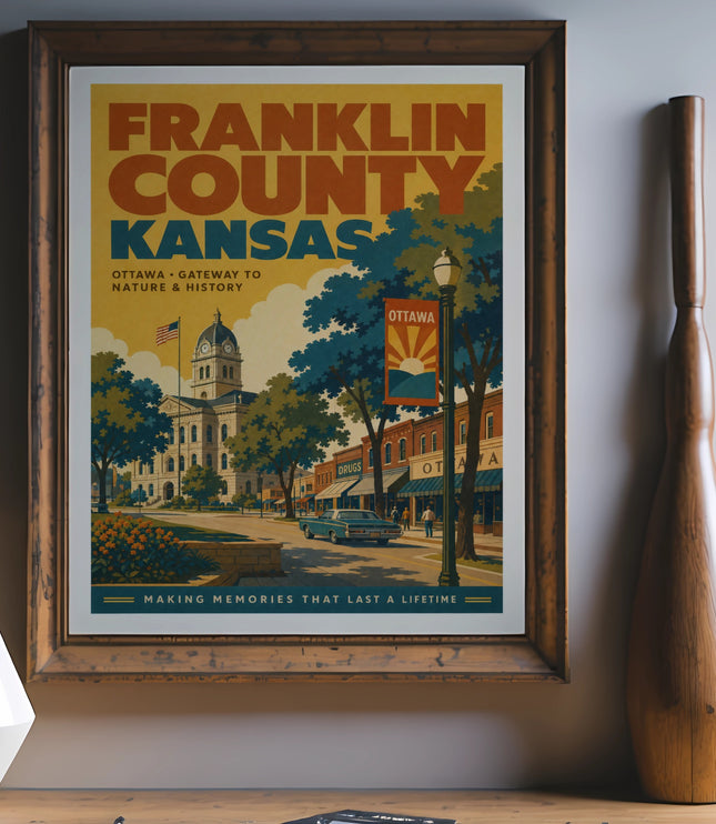 Franklin County Kansas vintage travel poster with Ottawa text.