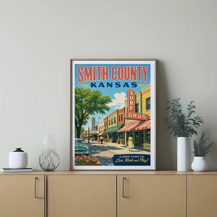Vintage Smith County, Kansas travel poster with "Smith Center" and "Surf Drug" storefronts.