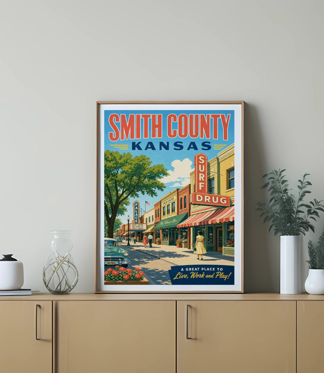 Vintage Smith County, Kansas travel poster with "Smith Center" and "Surf Drug" storefronts.