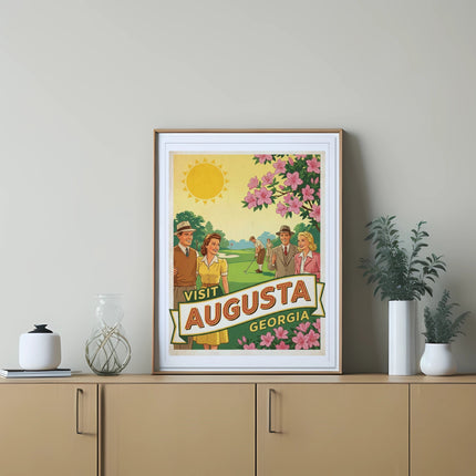 Vintage "Visit Augusta Georgia" poster with golfers and pink blossoms.