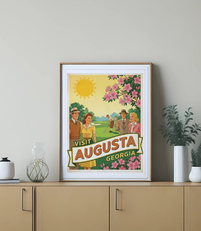 Vintage "Visit Augusta Georgia" poster with golfers and pink blossoms.